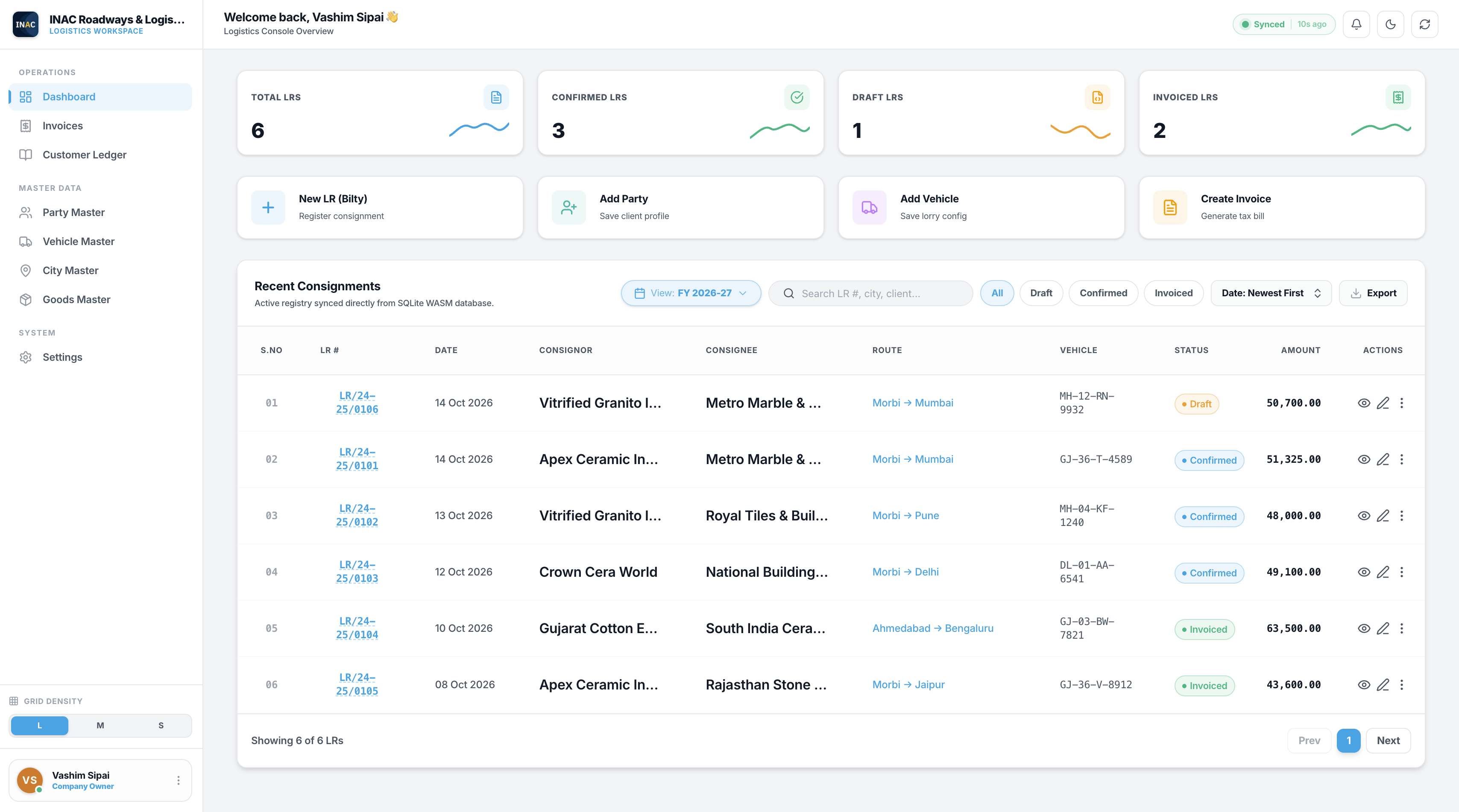 INAC Transport Manager Web Dashboard Production Screenshot